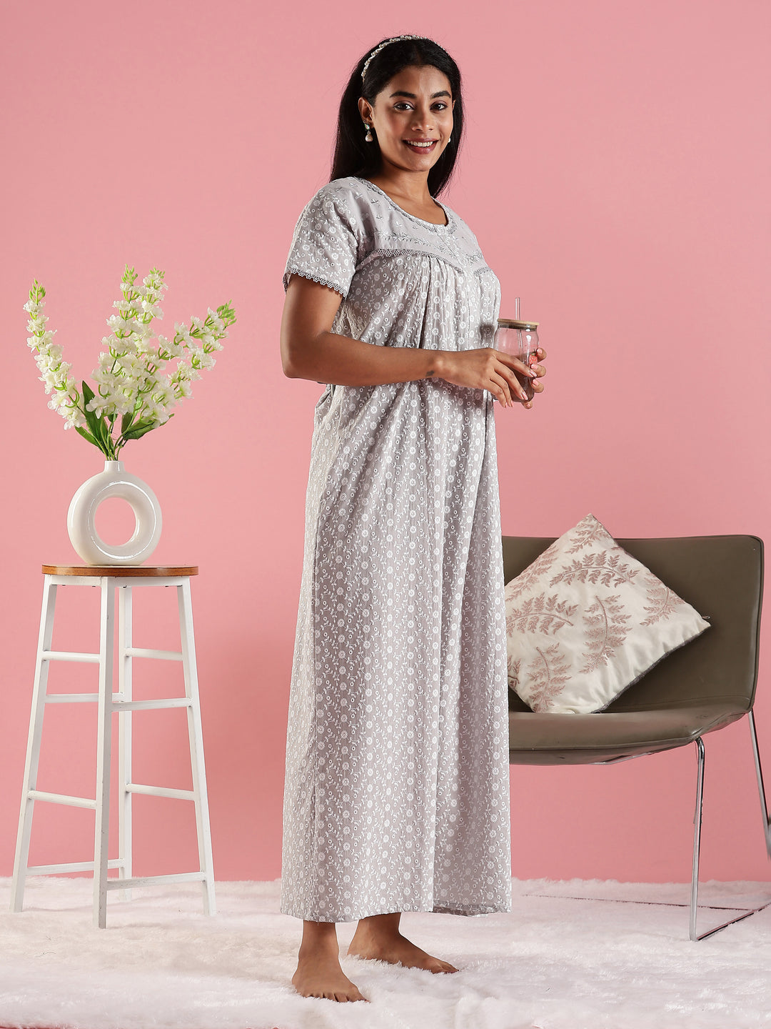 Stylish and Cozy Grey Pure Cotton Nighty for Women