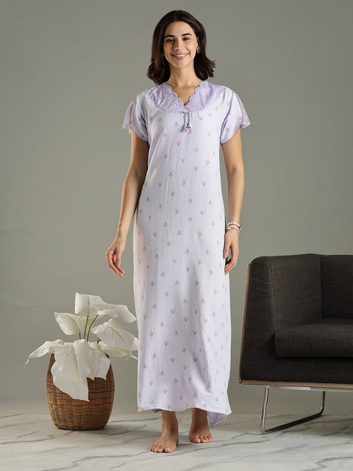 Light Purple Bamboo Cotton Lace Design Nighty for Women