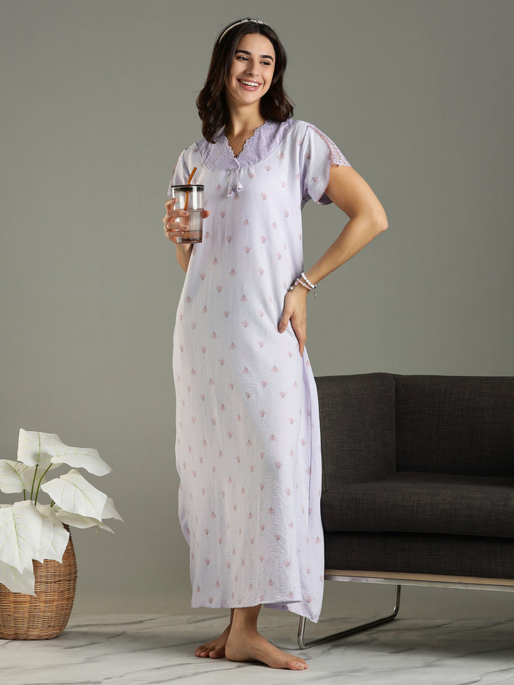 Light Purple Bamboo Cotton Lace Design Nighty for Women