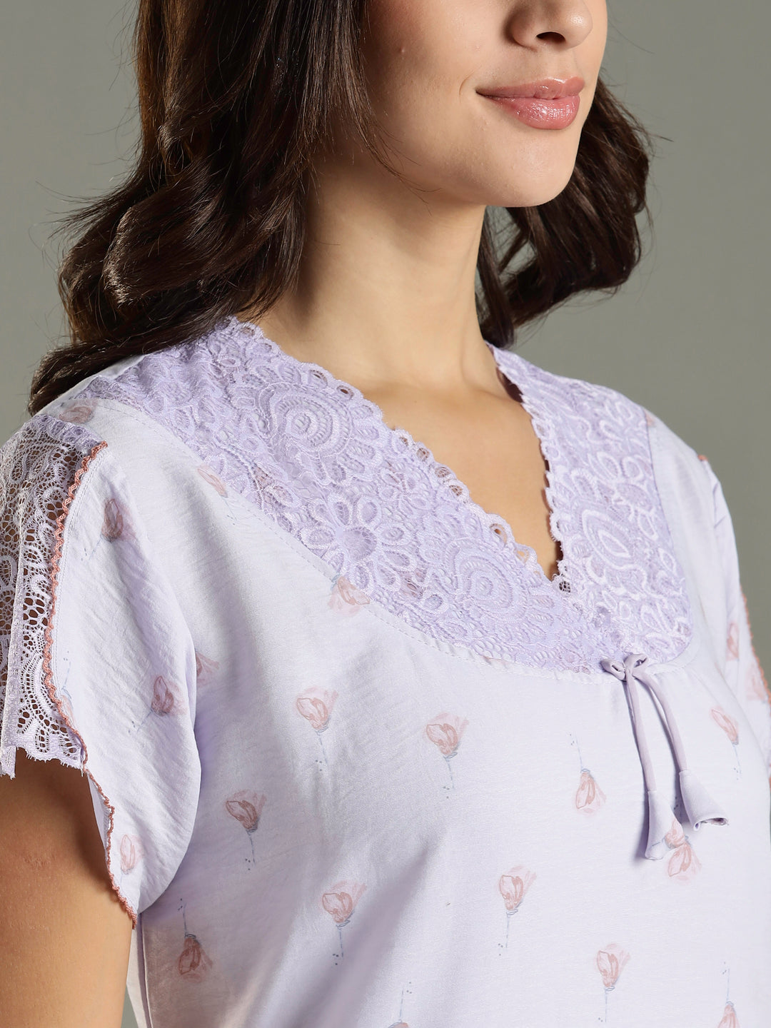 Light Purple Bamboo Cotton Lace Design Nighty for Women