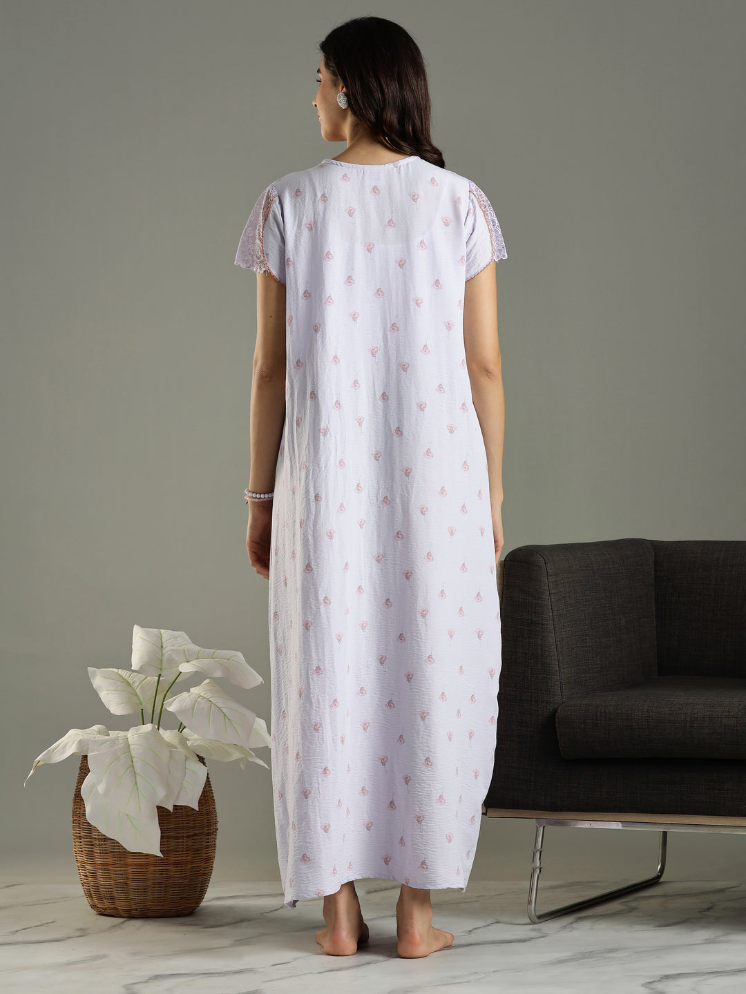 Light Purple Bamboo Cotton Lace Design Nighty for Women