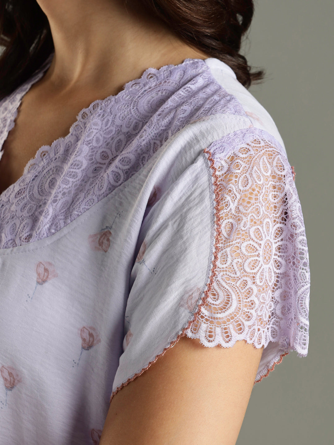 Light Purple Bamboo Cotton Lace Design Nighty for Women