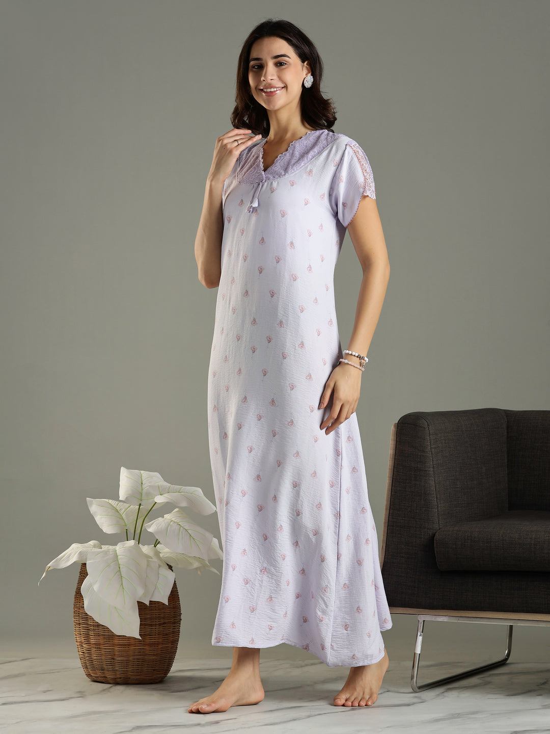 Light Purple Bamboo Cotton Lace Design Nighty for Women