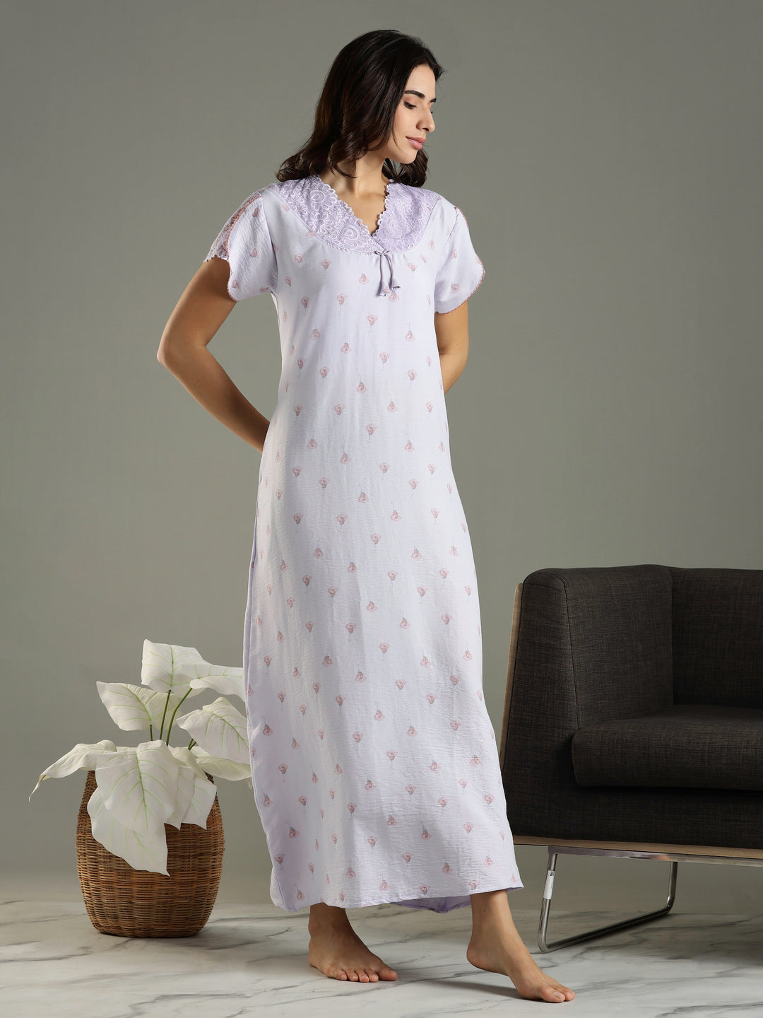 Light Purple Bamboo Cotton Lace Design Nighty for Women