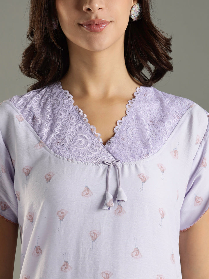Light Purple Bamboo Cotton Lace Design Nighty for Women