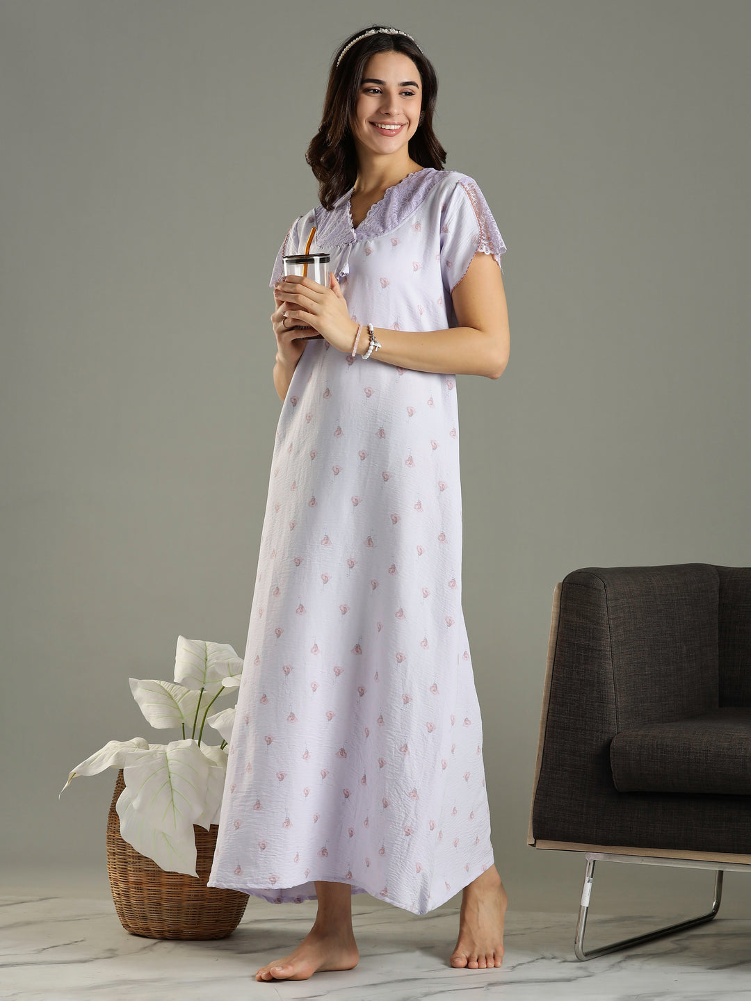 Light Purple Bamboo Cotton Lace Design Nighty for Women