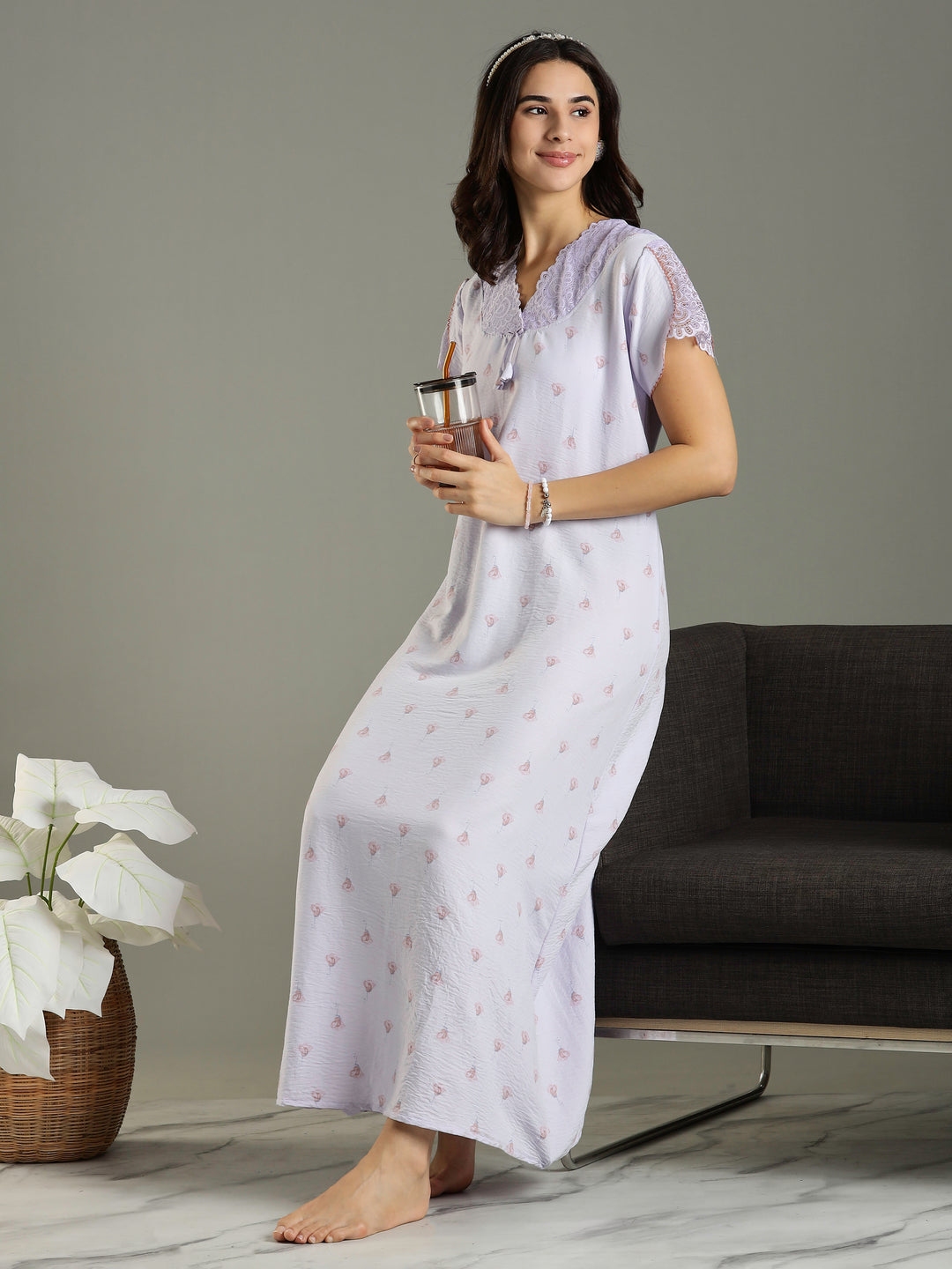 Light Purple Bamboo Cotton Lace Design Nighty for Women