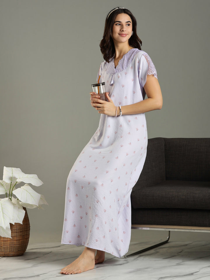 Light Purple Bamboo Cotton Lace Design Nighty for Women