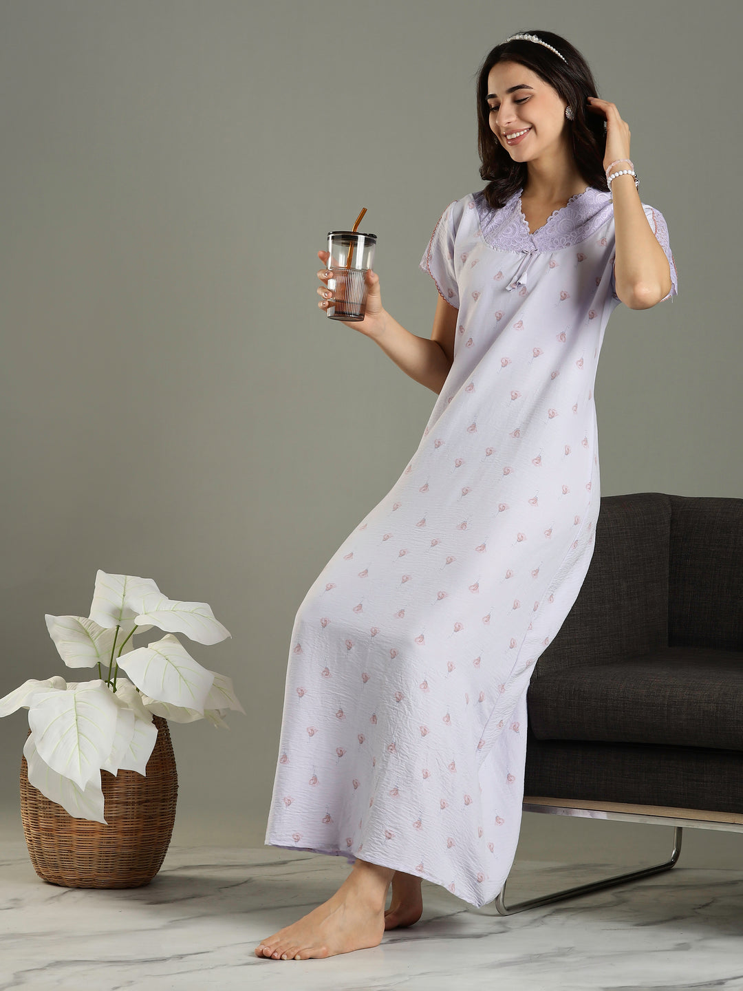 Light Purple Bamboo Cotton Lace Design Nighty for Women