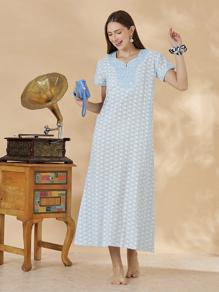 Light blue pure cotton nighty for women In chikankari embroidery