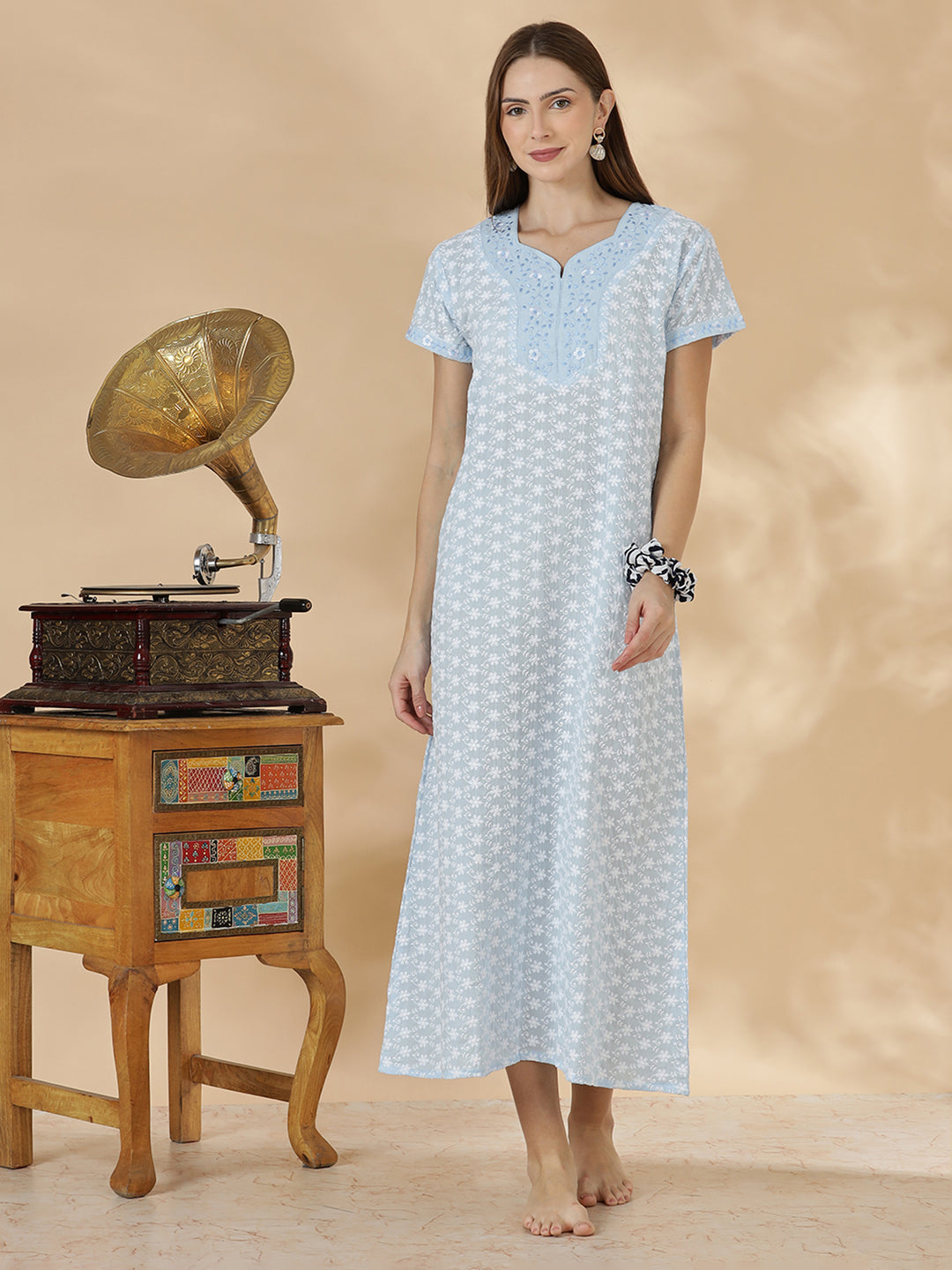 Light blue pure cotton nighty for women In chikankari embroidery