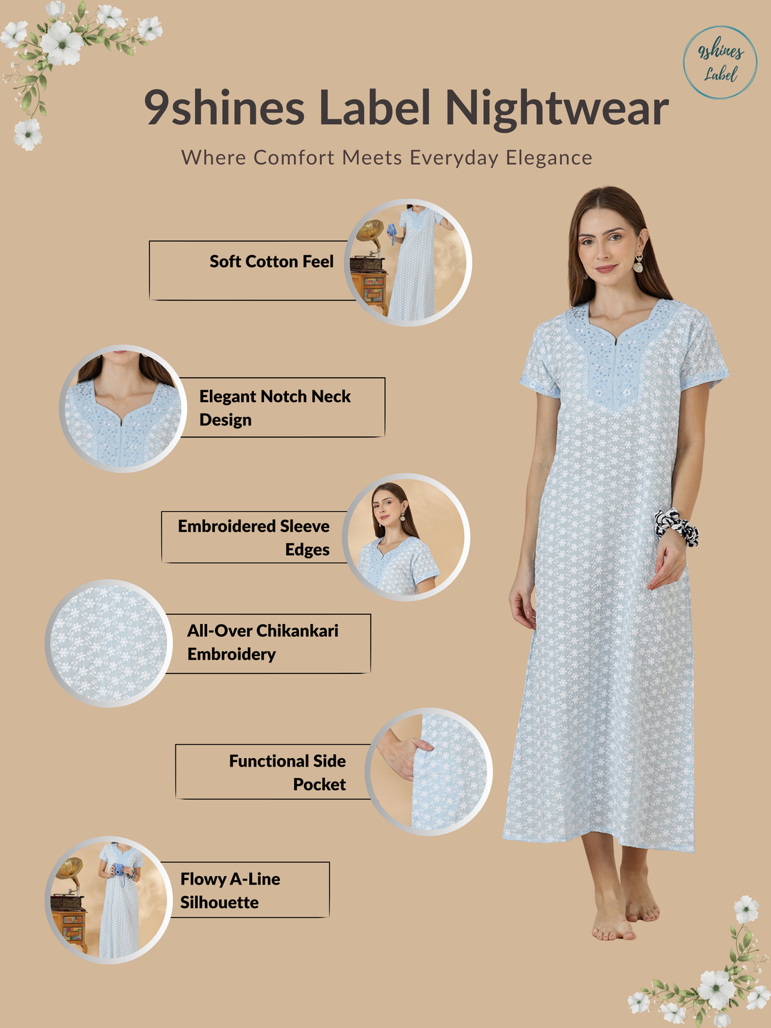 Light blue pure cotton nighty for women In chikankari embroidery