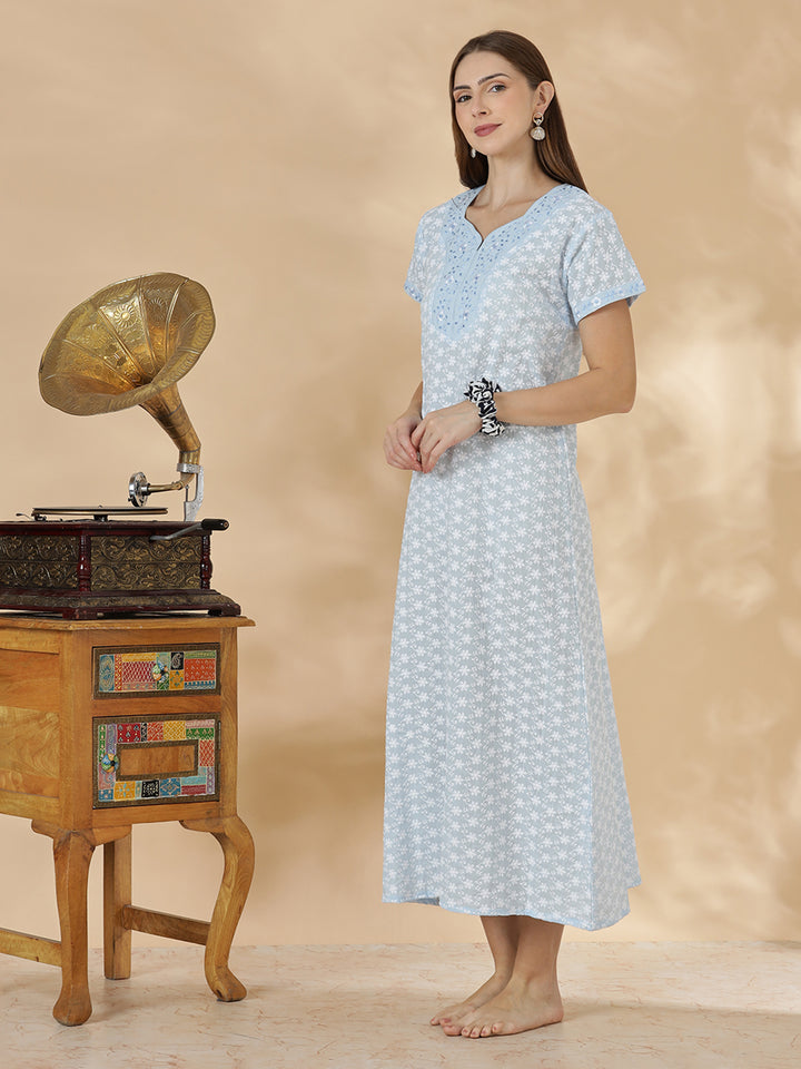 Light blue pure cotton nighty for women In chikankari embroidery