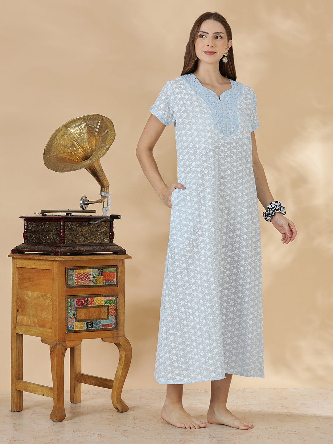 Light blue pure cotton nighty for women In chikankari embroidery