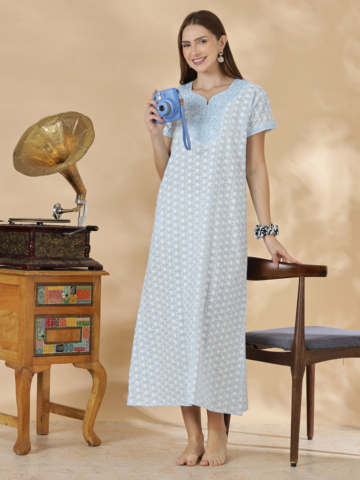 Light blue pure cotton nighty for women In chikankari embroidery