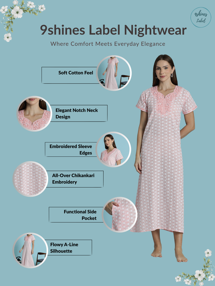 Light pink pure cotton chikankari nighty for women 
