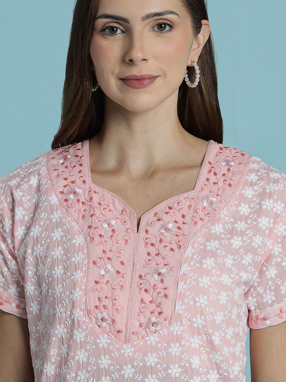 Light pink pure cotton chikankari nighty for women 