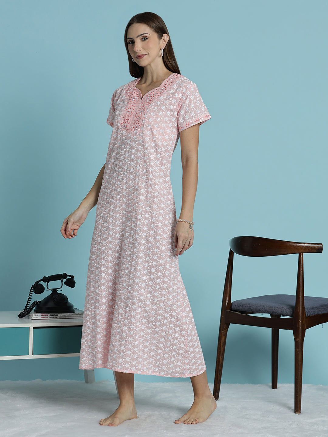 Light pink pure cotton chikankari nighty for women 