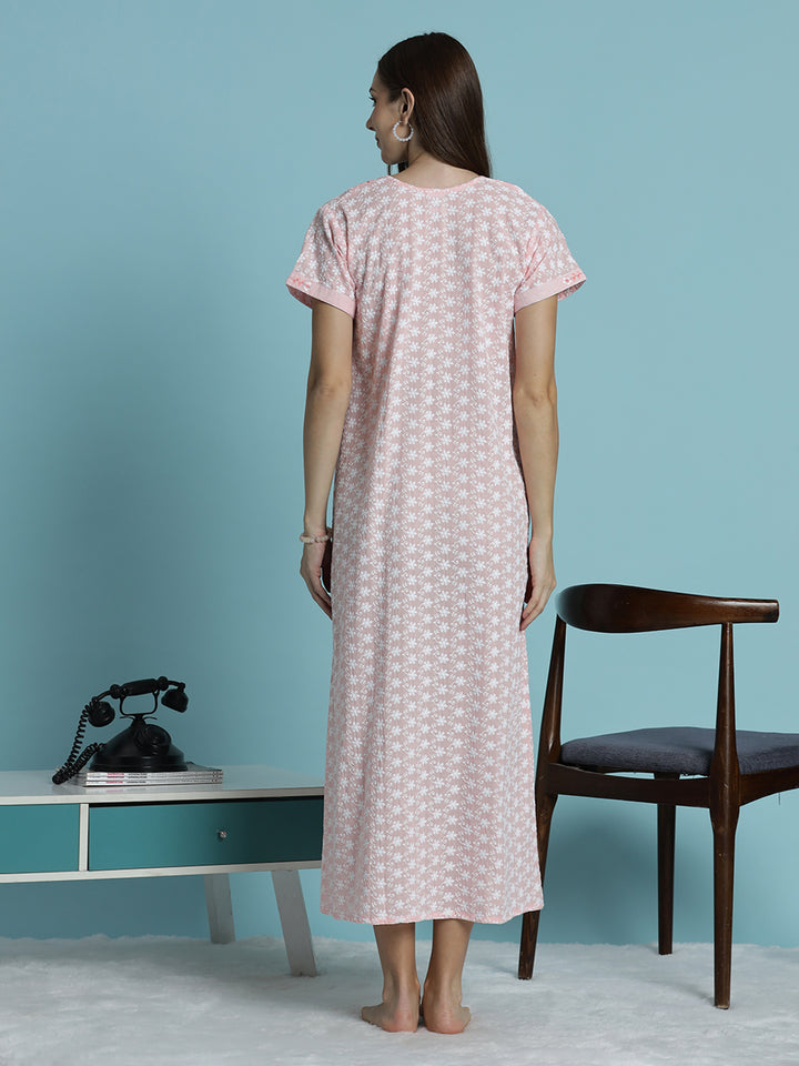 Light pink pure cotton chikankari nighty for women 