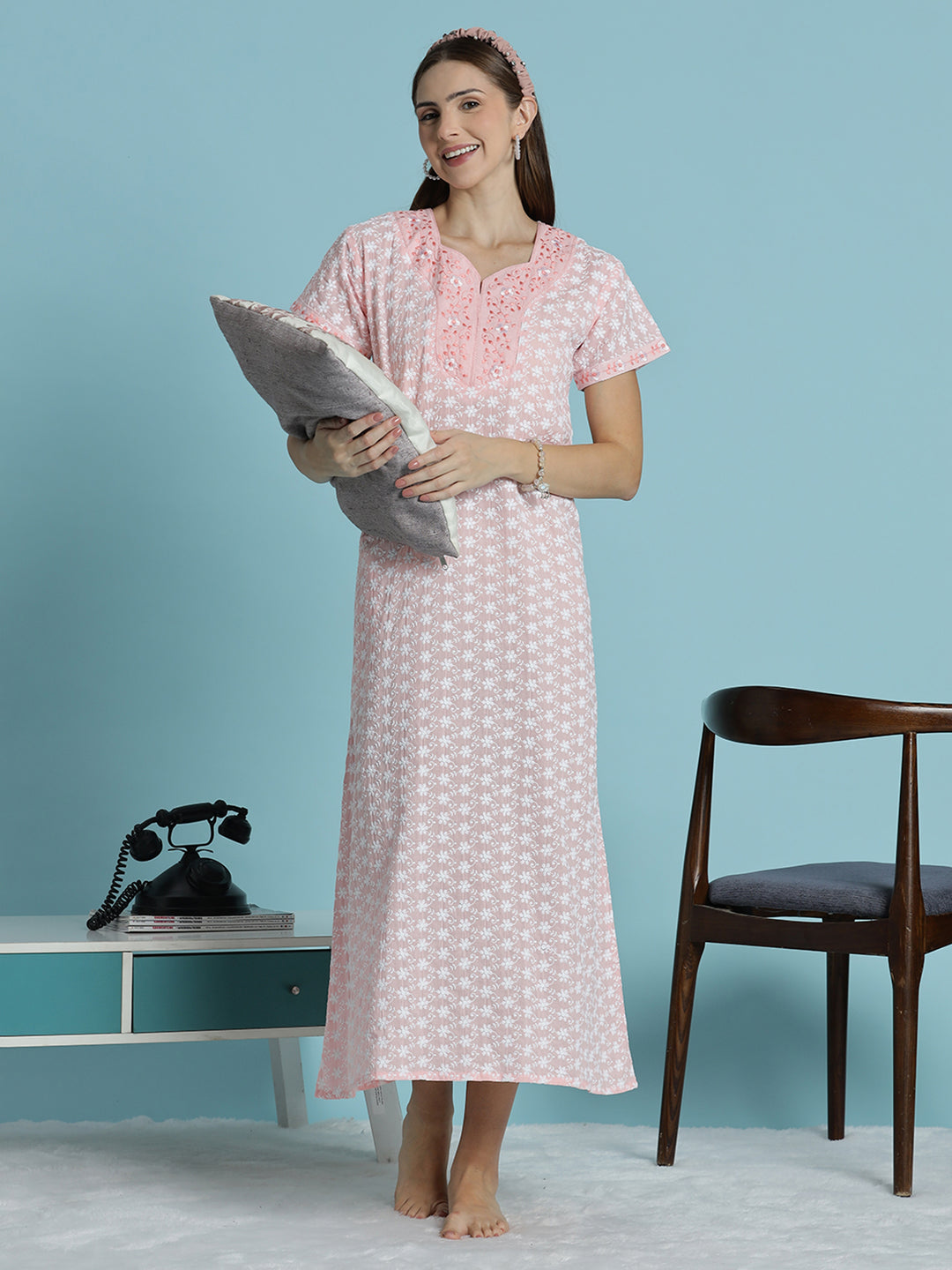 Light pink pure cotton chikankari nighty for women 