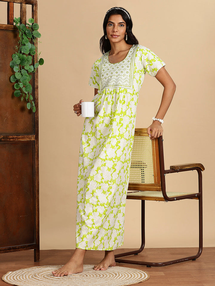 Cozy Lime Green Pure Cotton Nighty For Women