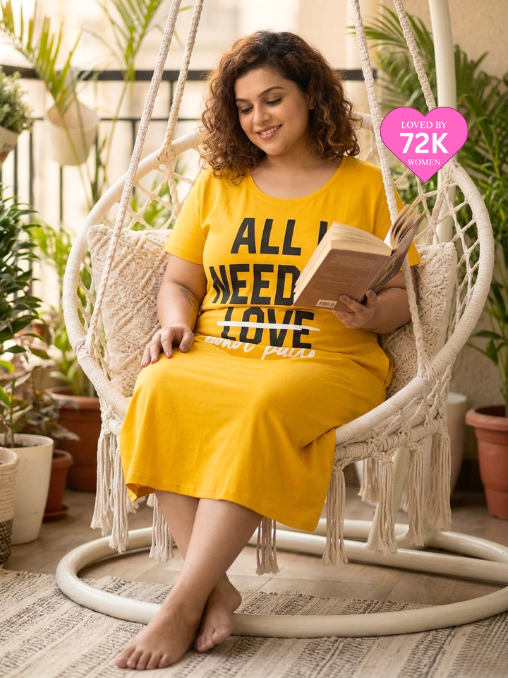 Vibrant Fire Yellow Cotton Printed Short Nighty for Women