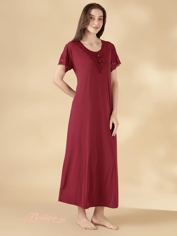 Malai A Line Nighty for Women with Lace Neck Burgundy