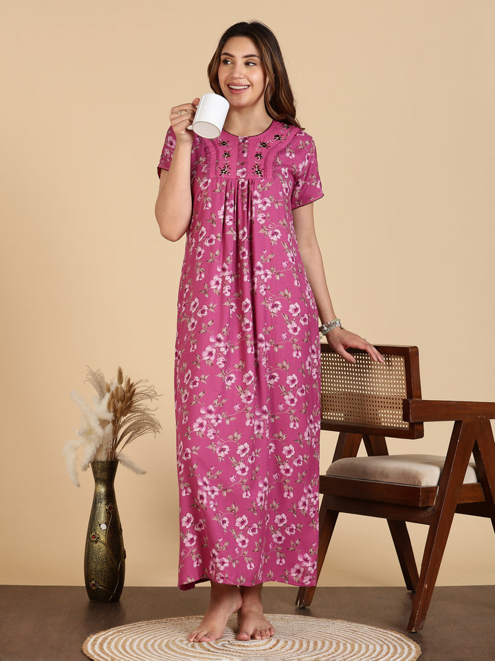 Floral Print Magenta Alpine Nighty For Women