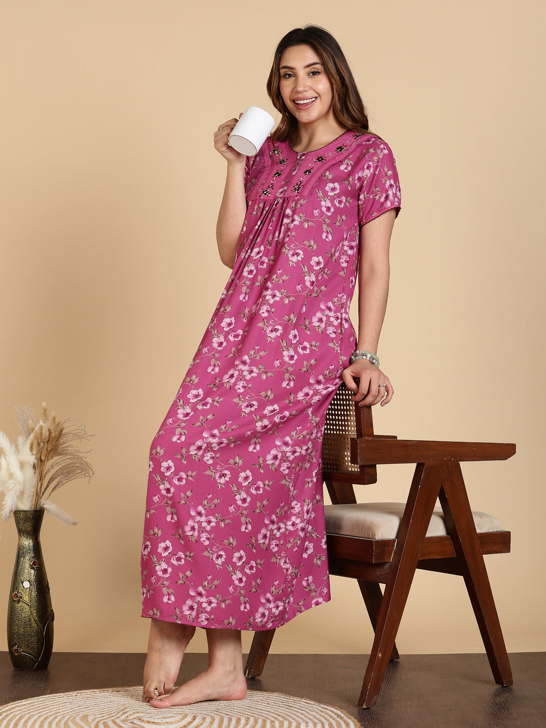 Floral Print Magenta Alpine Nighty For Women