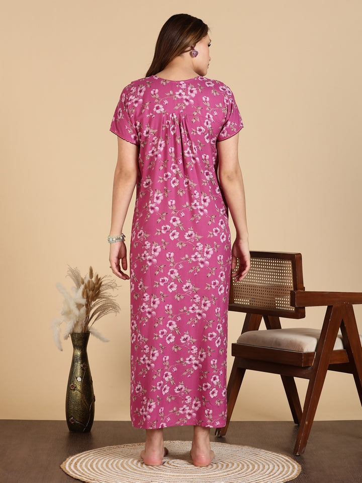 Floral Print Magenta Alpine Nighty For Women