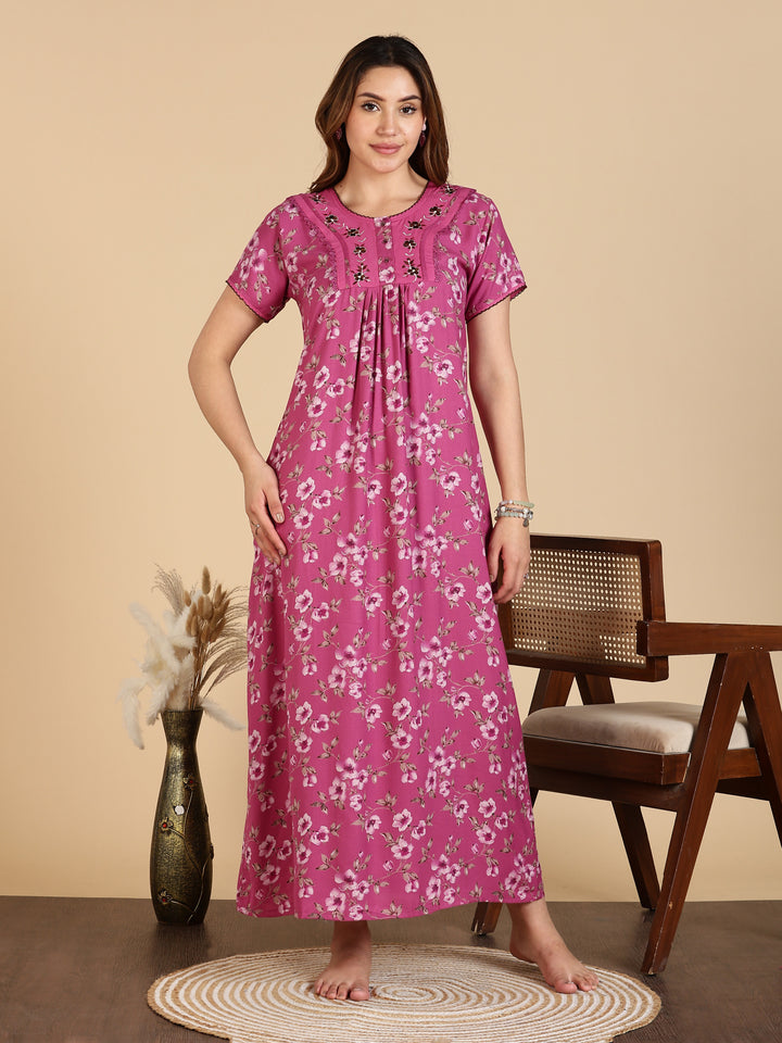Floral Print Magenta Alpine Nighty For Women