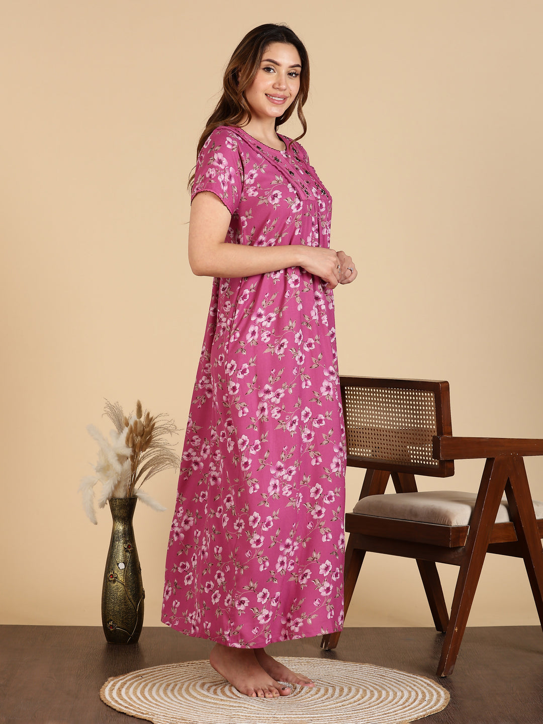 Floral Print Magenta Alpine Nighty For Women