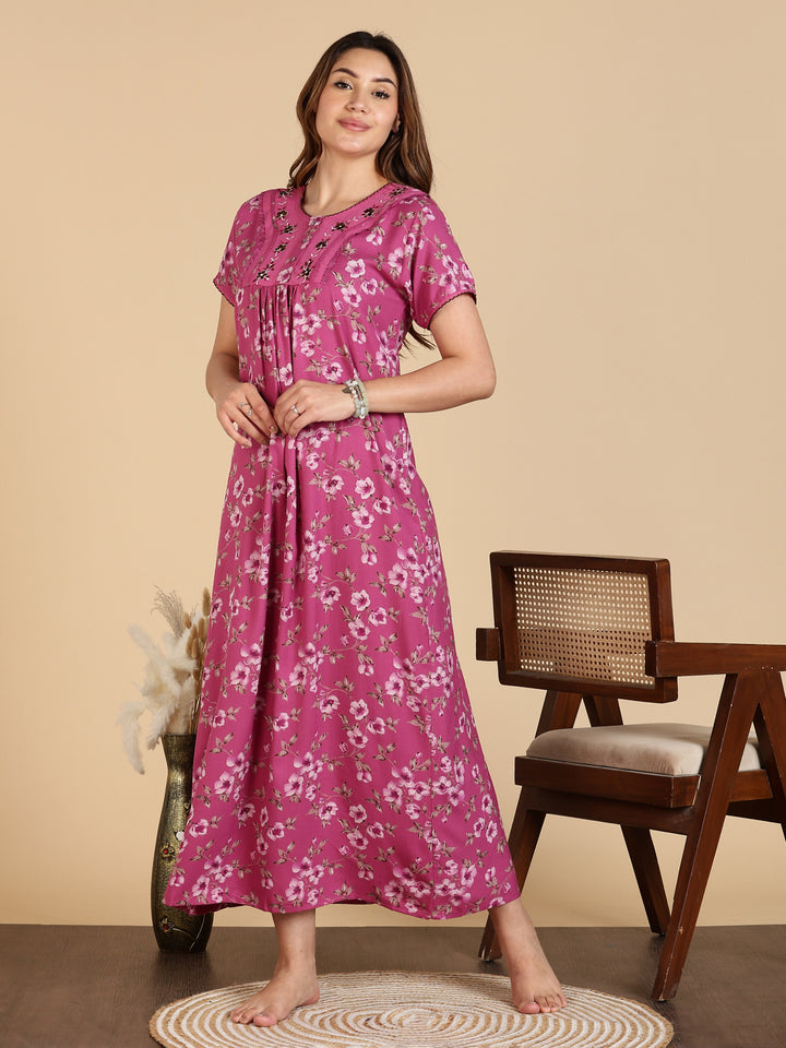 Floral Print Magenta Alpine Nighty For Women