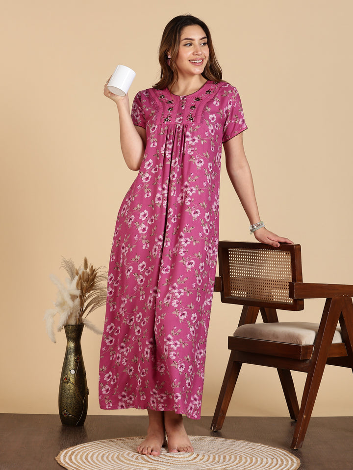 Floral Print Magenta Alpine Nighty For Women