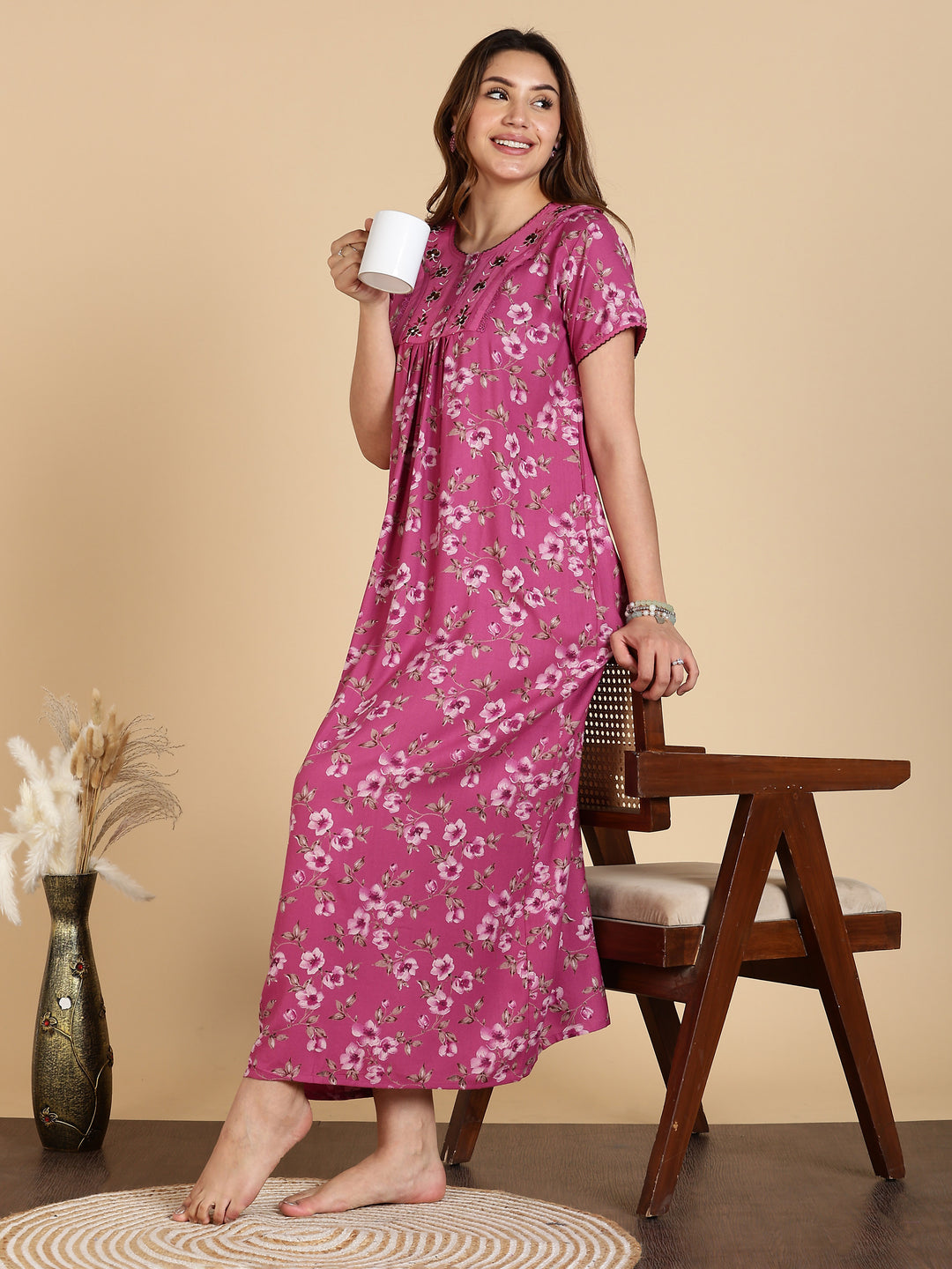 Floral Print Magenta Alpine Nighty For Women