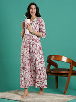 Magenta Floral Cotton Embroidered Nighty with Lace Yoke