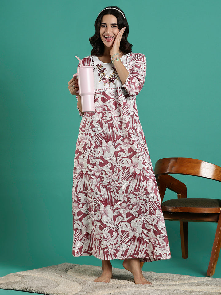 Magenta Embroidered Front - Cotton Night dress For Women