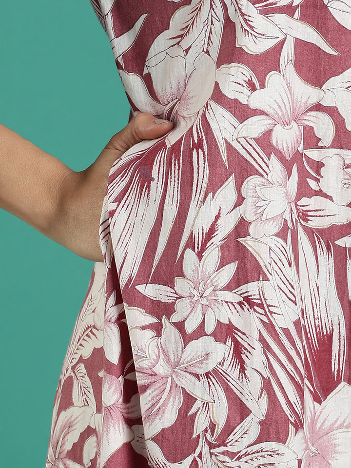 Magenta Embroidered Front - Cotton Night dress For Women