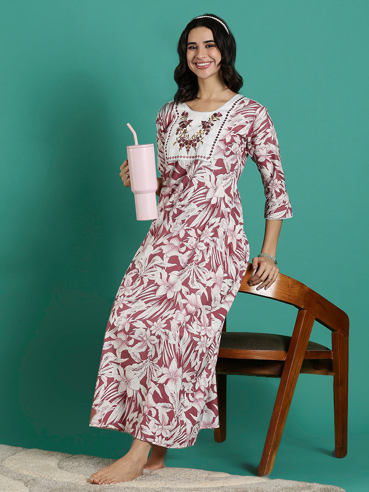 Magenta Embroidered Front - Cotton Night dress For Women