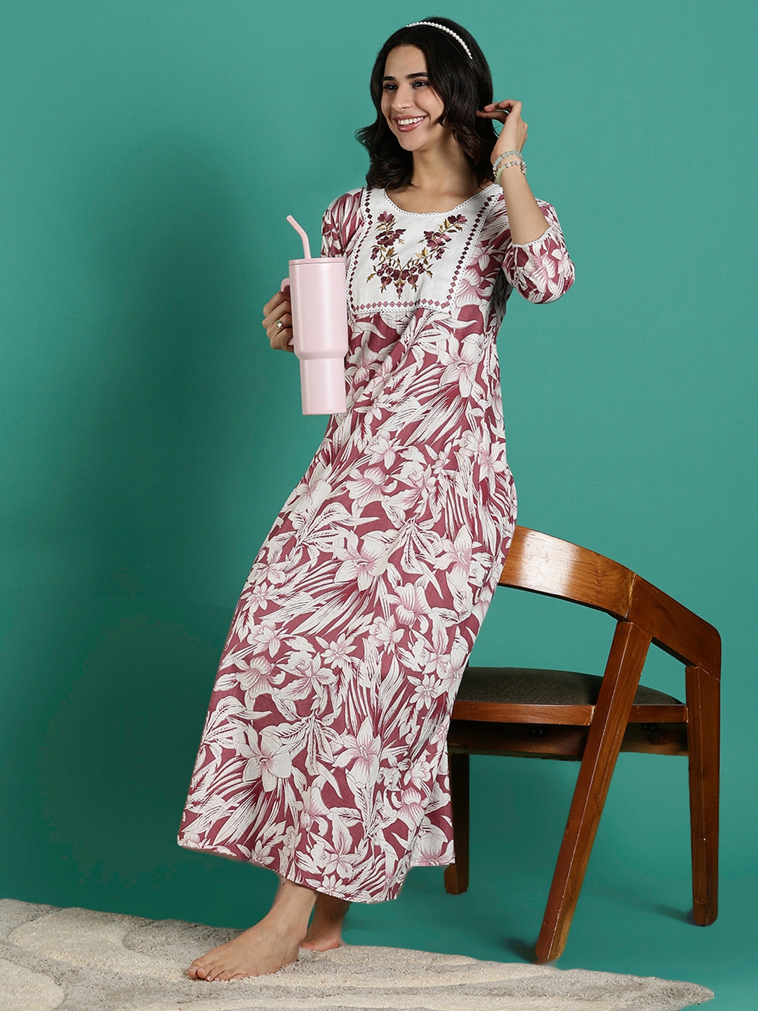 Magenta Embroidered Front - Cotton Night dress For Women