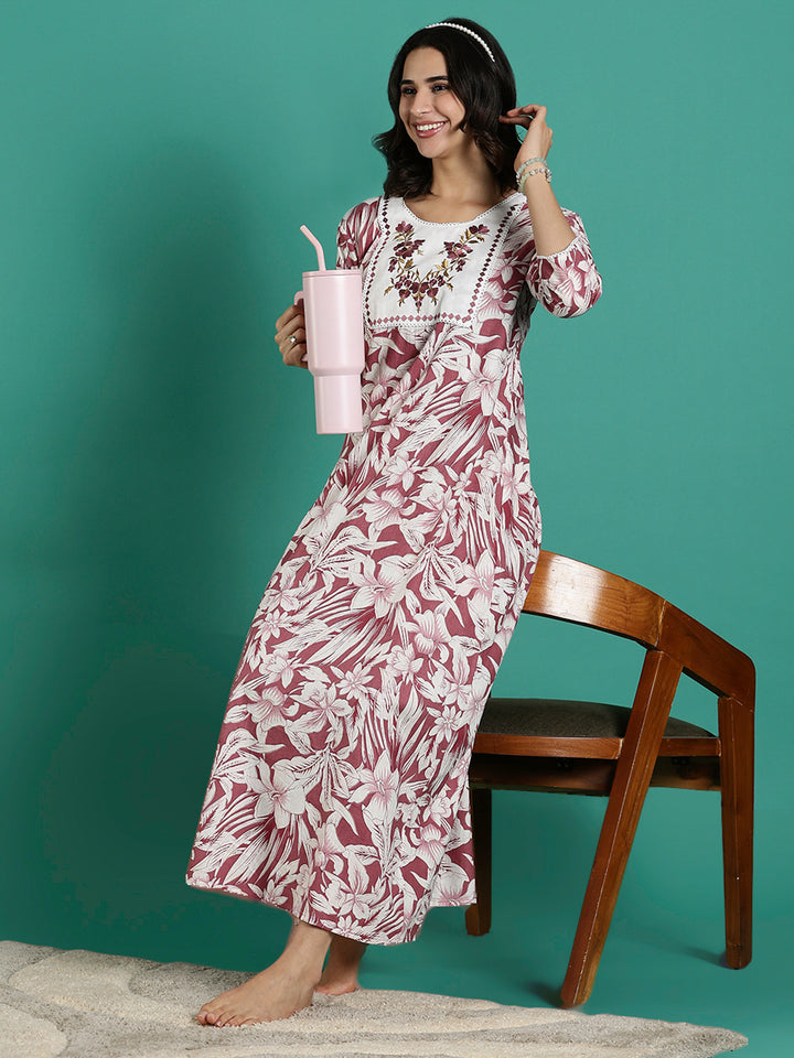 Magenta Embroidered Front - Cotton Night dress For Women