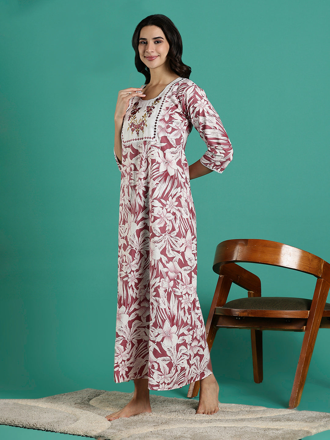 Magenta Embroidered Front - Cotton Night dress For Women