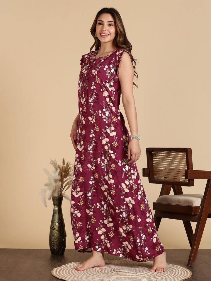 Magenta Rayon Sleeveless Nighty for Women