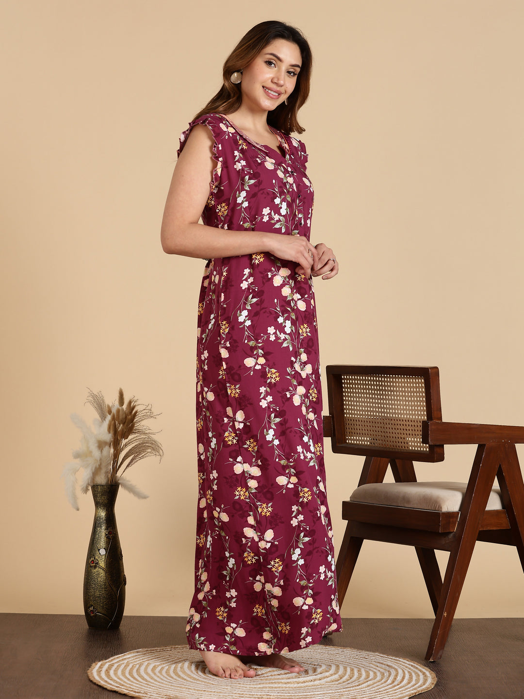 Magenta Rayon Sleeveless Nighty for Women