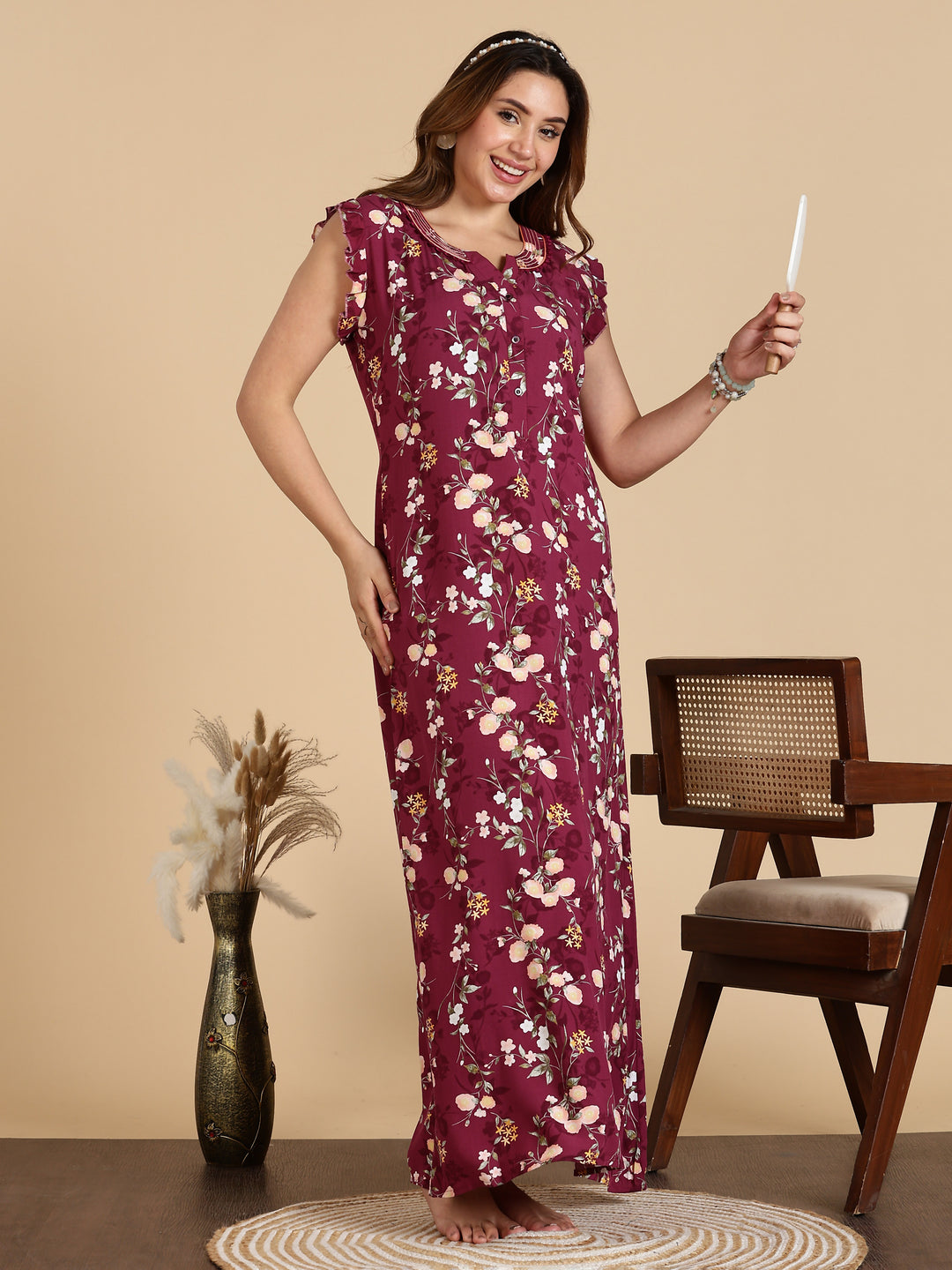 Magenta Rayon Sleeveless Nighty for Women