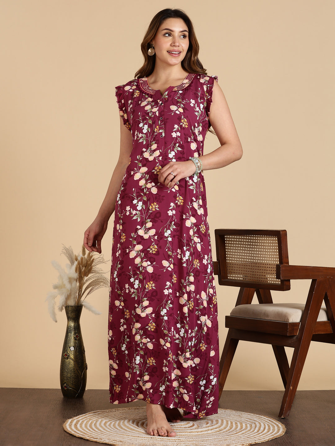 Magenta Rayon Sleeveless Nighty for Women