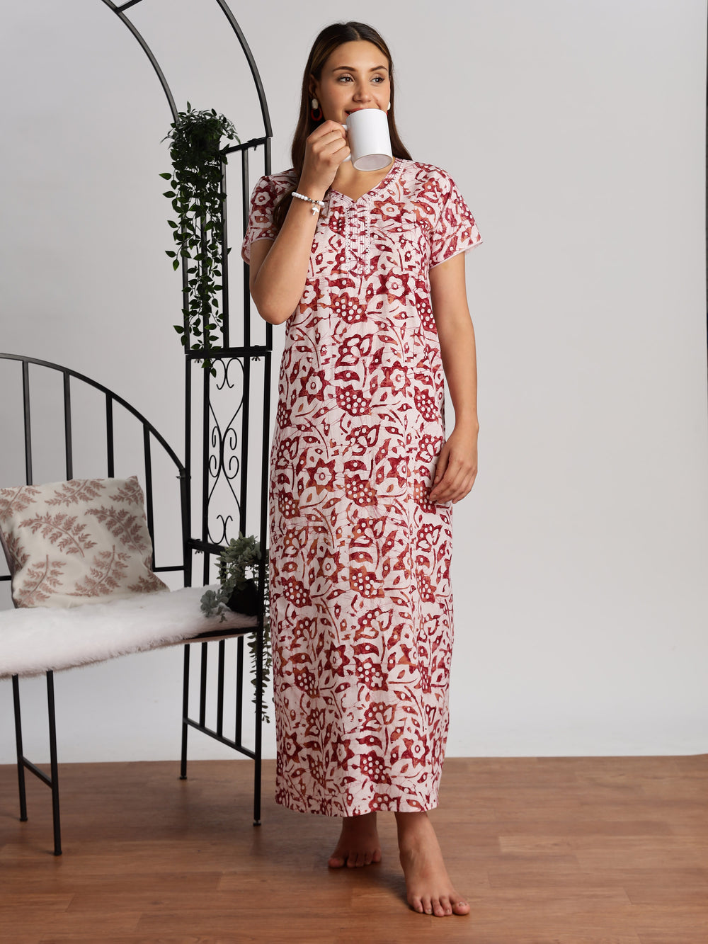 Classy maroon batik print cotton nighty for women