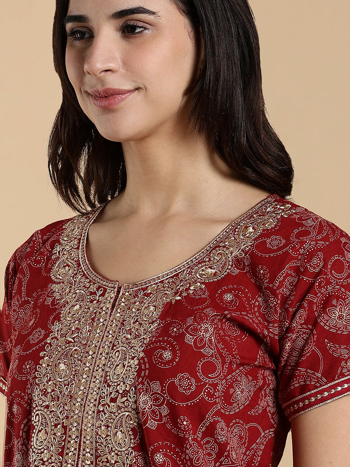 Heritage Maroon Embroidered Pure Cotton Nighty for Women