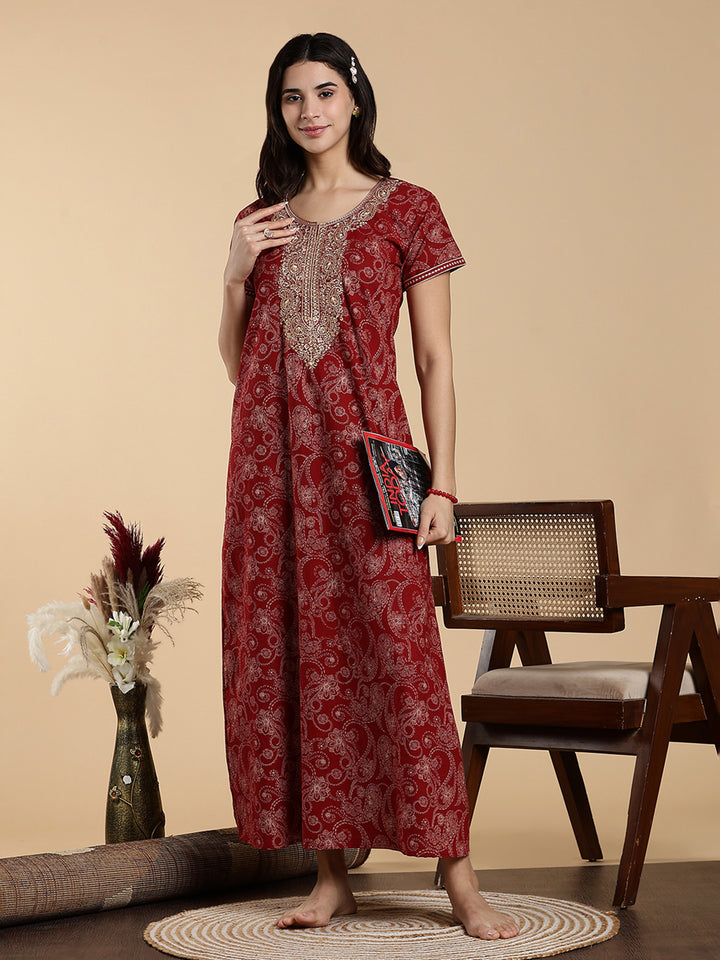 Heritage Maroon Embroidered Pure Cotton Nighty for Women