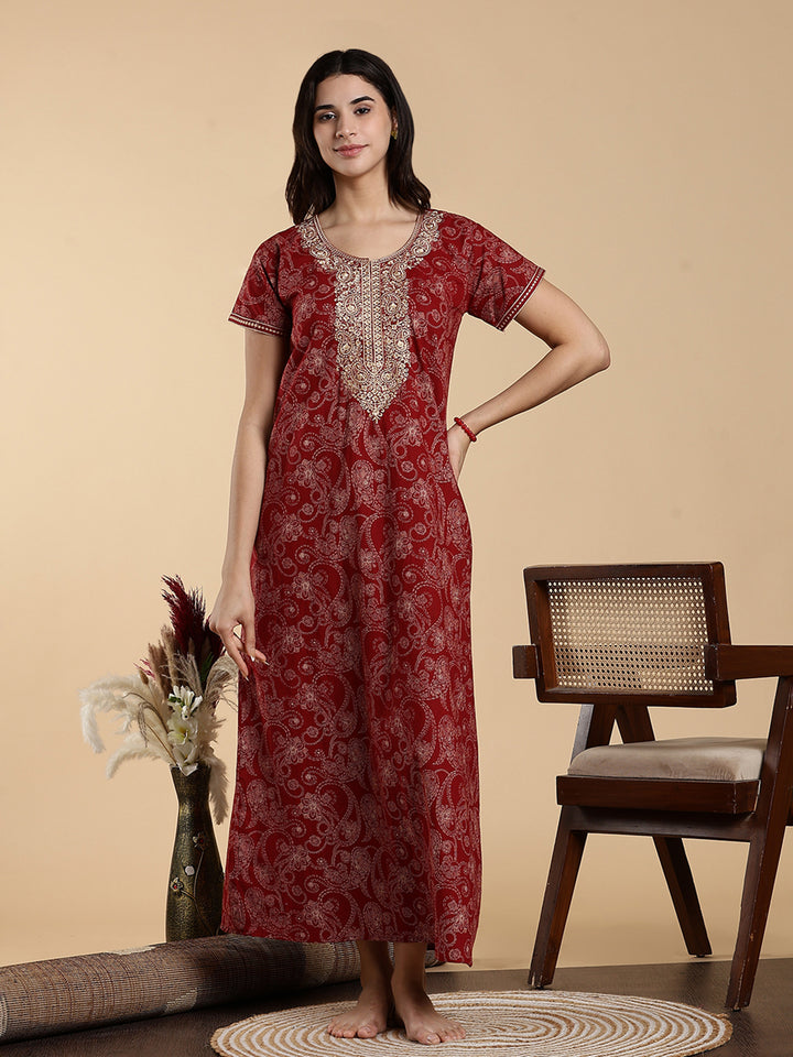 Heritage Maroon Embroidered Pure Cotton Nighty for Women
